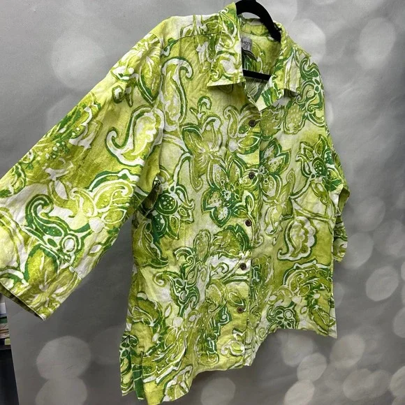 Chico's green floral blazer size 3 with wooden buttons 100% linen - Picture 2 of 7